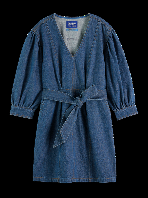 Maison Scotch Gewassen Denim Jurk Met V-hals En Riem