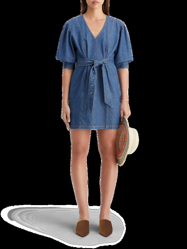 maison scotch Gewassen denim jurk met v-hals en riem