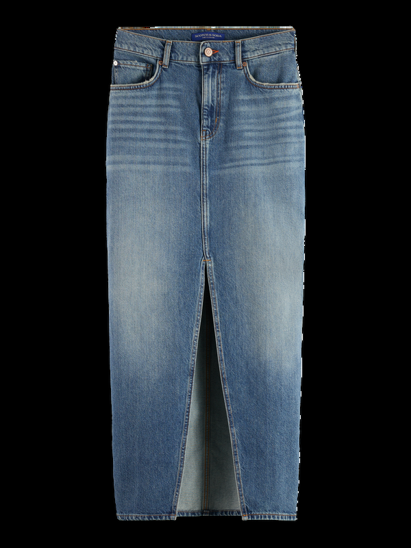 Maison Scotch Lange Vintage Gewassen Denim Rok Met Split Aan De Voorkant