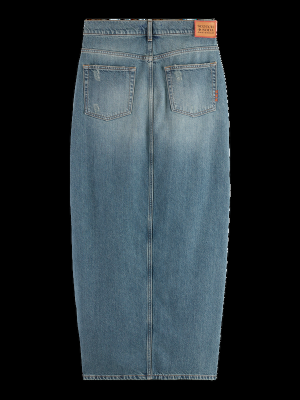 Maison Scotch Lange Vintage Gewassen Denim Rok Met Split Aan De Voorkant
