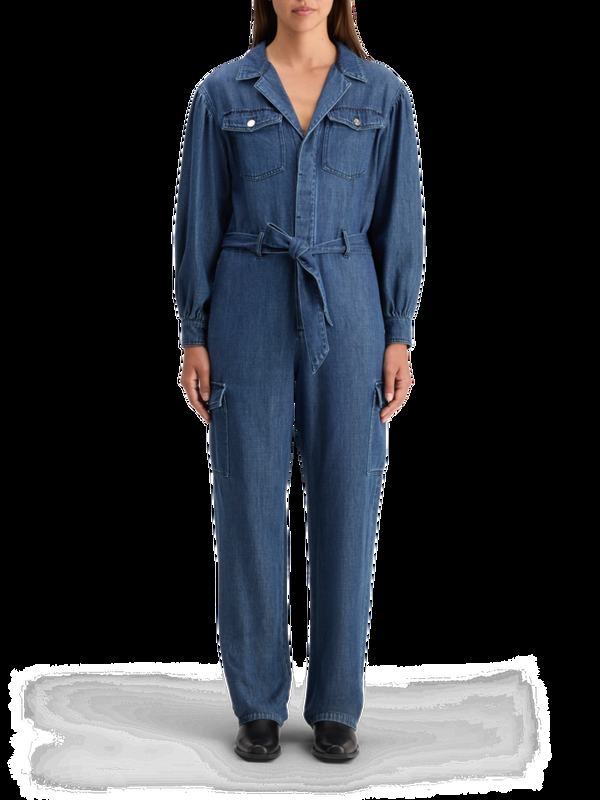 maison scotch LIGHTWEIGHT DENIM JUMPSUIT IN DARK WASH WITH TONAL DETAILING