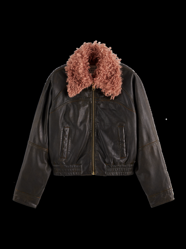 maison scotch TEDDY COLLAR LEATHER JACKET