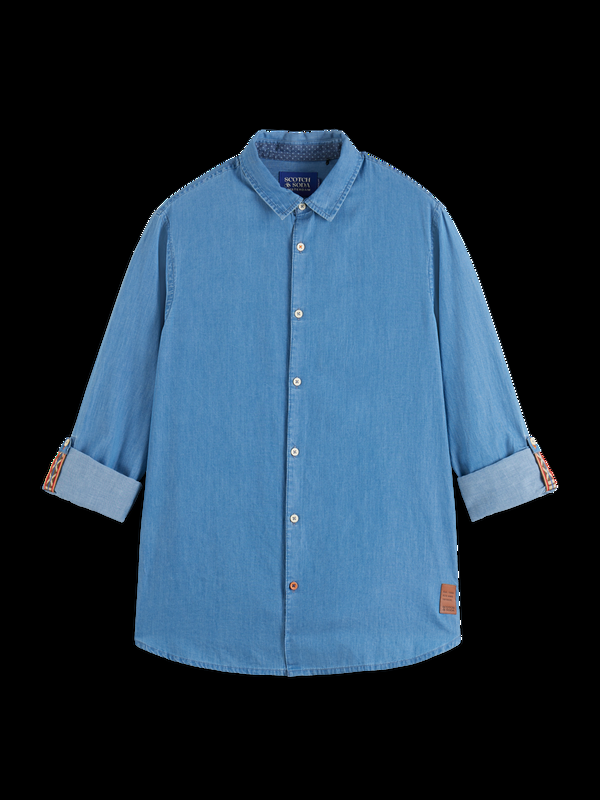 Maison Scotch Netjes Indigo Lichtgewicht Denim Overhemd Met Mouwverstellers