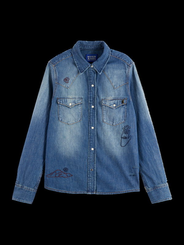 Maison Scotch WASHED REGULAR FIT DENIM WESTERN SHIRT WITH EMBROIDERIES