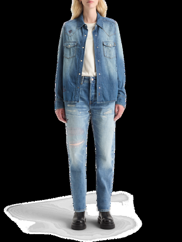 maison scotch WASHED REGULAR FIT DENIM WESTERN SHIRT WITH EMBROIDERIES