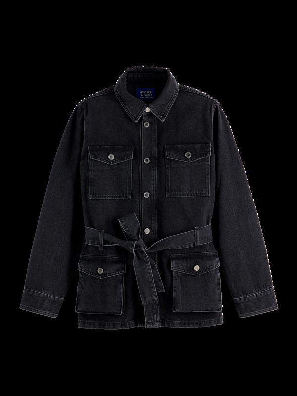 maison scotch WORKED OUT BLACK CARGO DENIM JACKET WITH BELT