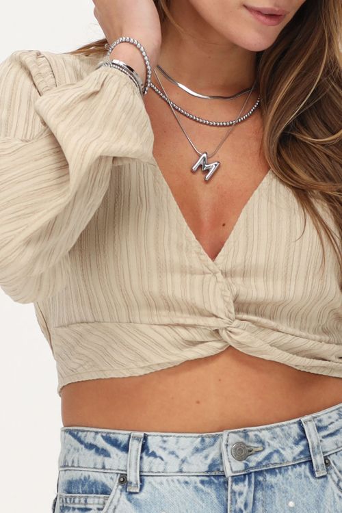 My Jewellery Beige Crinkle Crop Top Met Knoopdetail