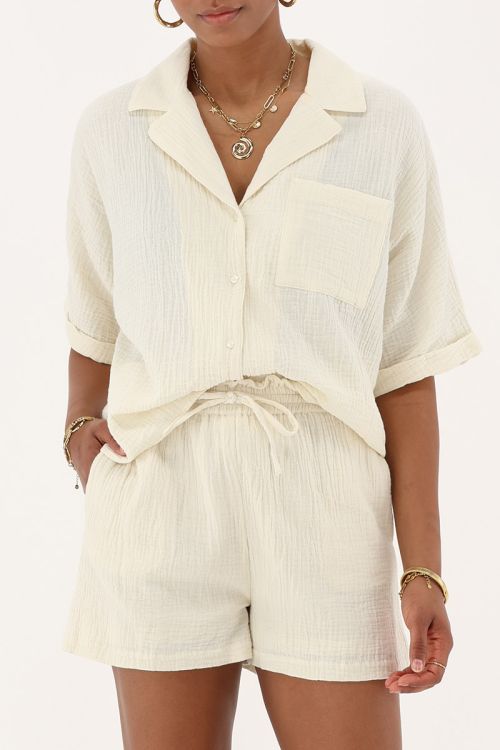 my jewellery Beige short met elastische band & ruffles