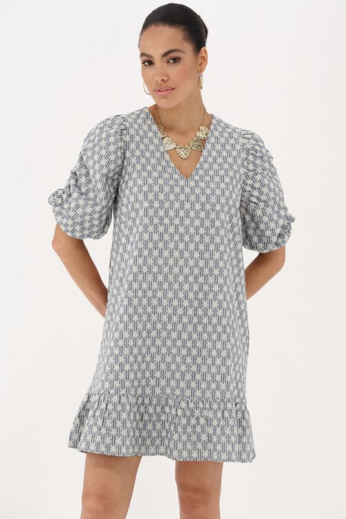 my jewellery Blauwe jurk met pofmouwen & embroidery details