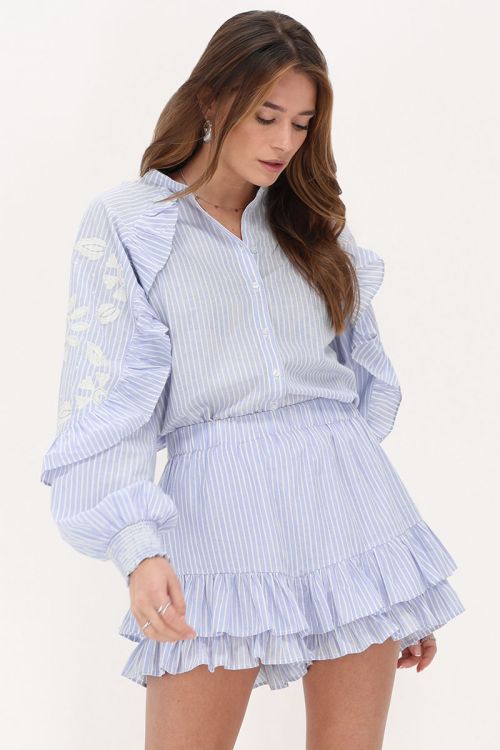 my jewellery Blauwe pinstripe skort met ruffle en tape