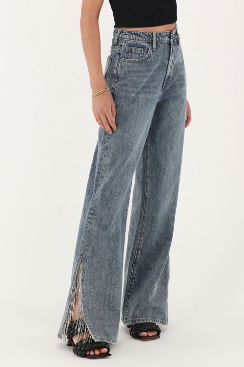 my jewellery Blauwe wide leg jeans met strassfranjes