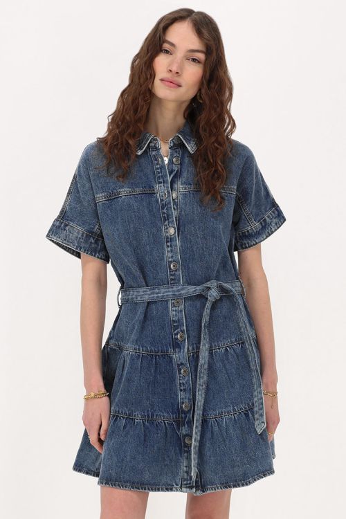 my jewellery Blauwe wijde denim jurk met strikkoord