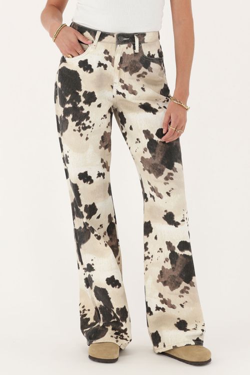 my jewellery Bruine denim wide leg jeans met koeienprint
