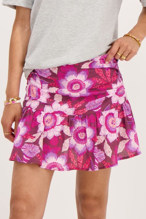 My Jewellery Bruine Skort Met Plooien En Roze Bloemenprint