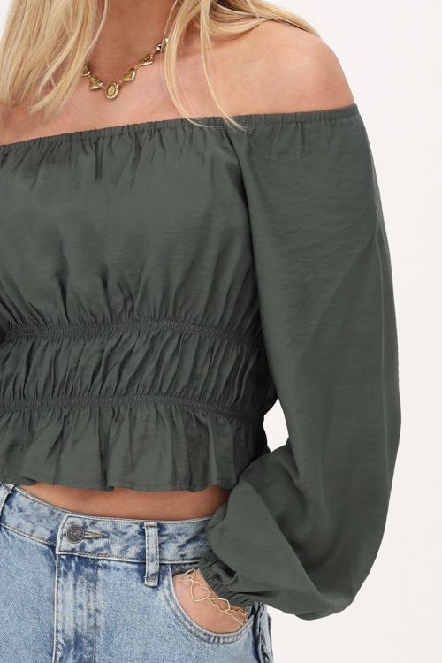 My Jewellery Donkergroene Off Shoulder Top Met Ruffles