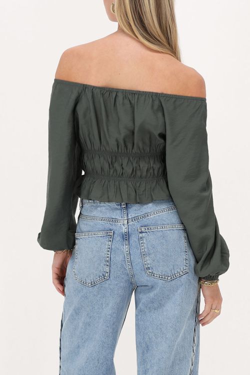 My Jewellery Donkergroene Off Shoulder Top Met Ruffles