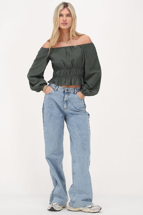 My Jewellery Donkergroene Off Shoulder Top Met Ruffles