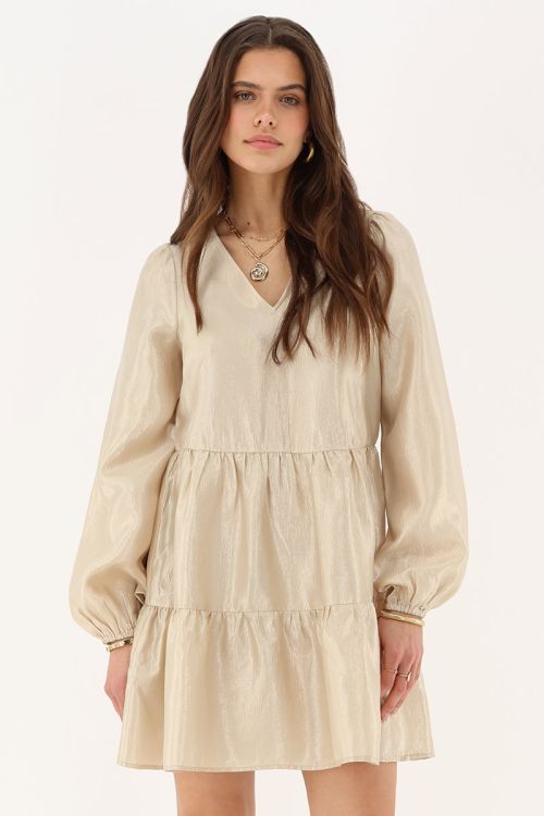 my jewellery Beige glanzende jurk met ruffles