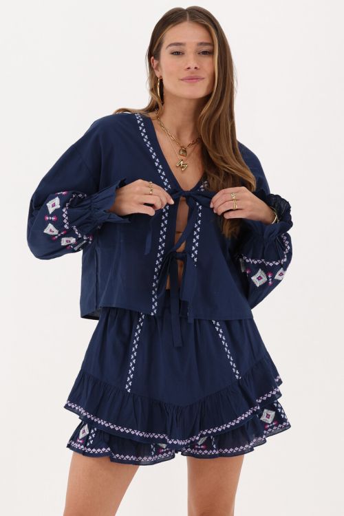 my jewellery Blauwe skort met embroidery details