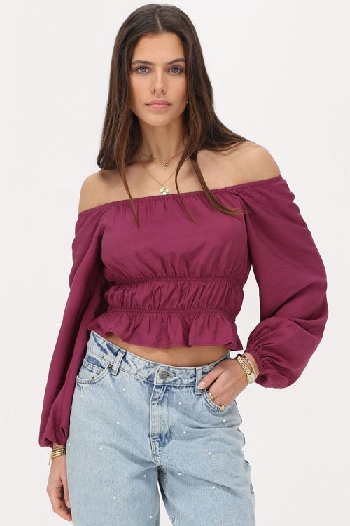 my jewellery Paarse off shoulder top met ruffles