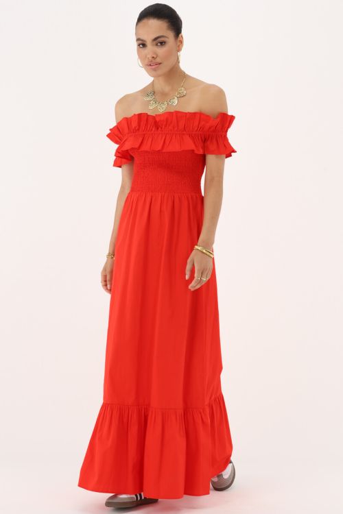 my jewellery Rode maxi jurk met ruffles