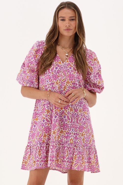 my jewellery Roze jurk met pofmouwen & bohemianprint
