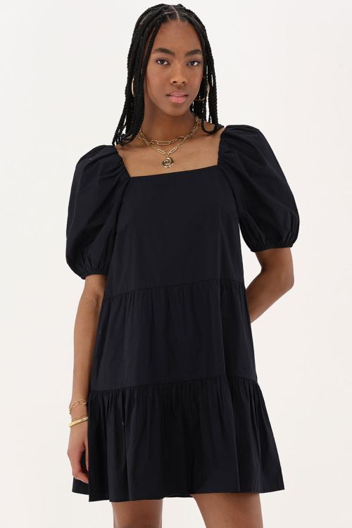 my jewellery Zwarte poplin jurk met ballon mouwen