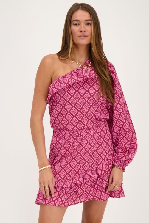 my jewellery Roze one-shoulder top met ikat print en ruffle
