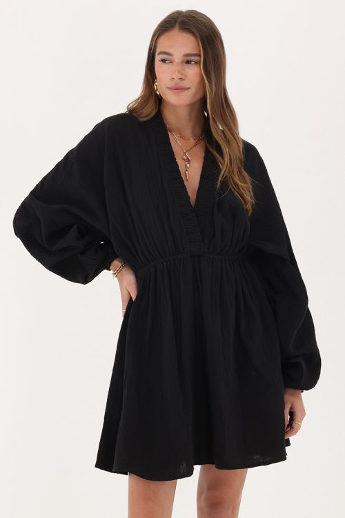 my jewellery Zwarte mousseline jurk met lange mouwen