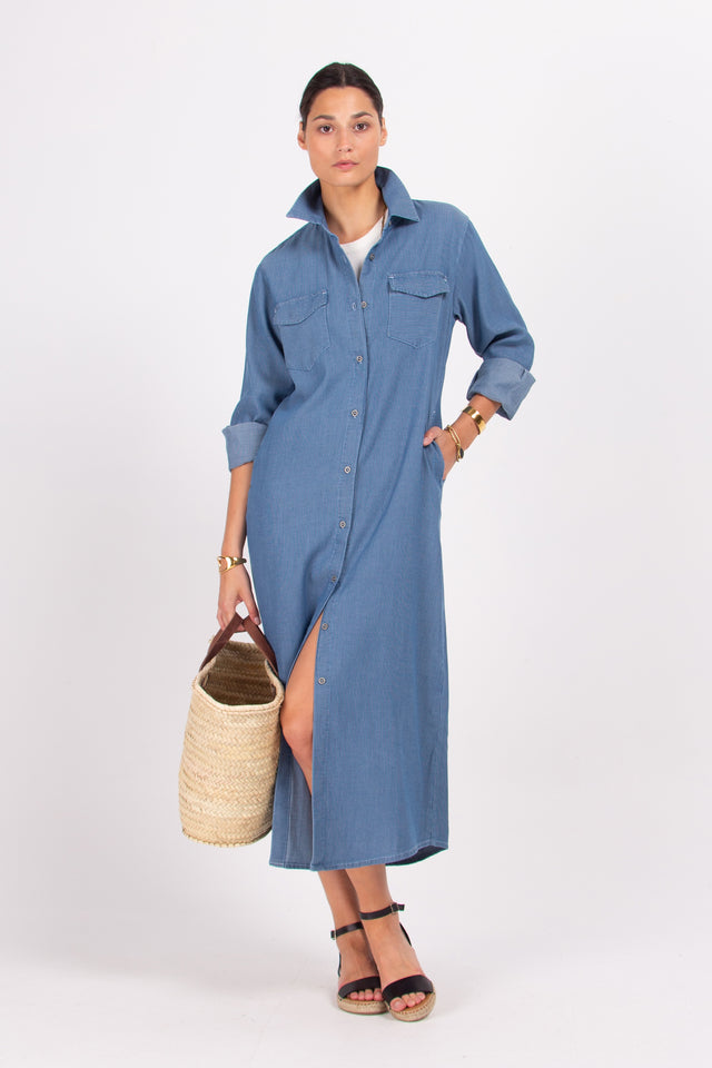 Nathalie Vleeschouwer Dory Lange Lichtblauw Gestreepte Hemdjurk