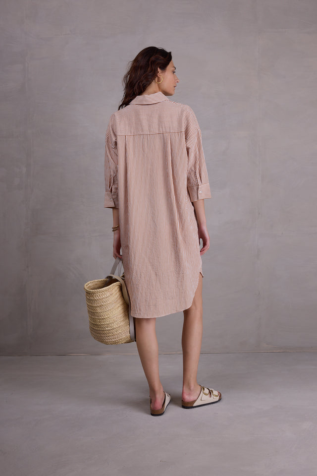 Nathalie Vleeschouwer Duran Hemdsjurk In Biscuit Brown Stripes