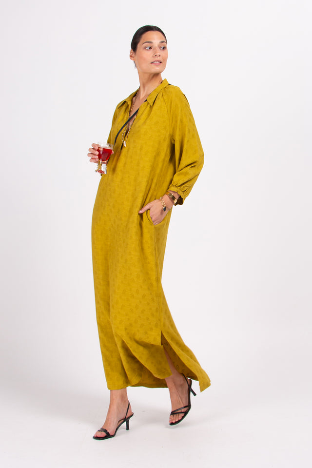 Nathalie Vleeschouwer Dysis Lange Jurk In Olijfkleurige Woven Berries