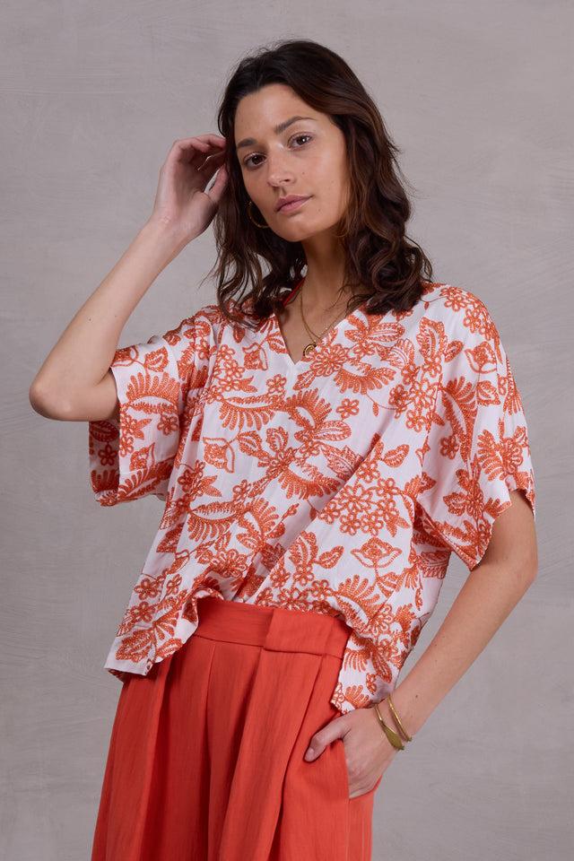 nathalie vleeschouwer Faro broderie blouse in shiny orange