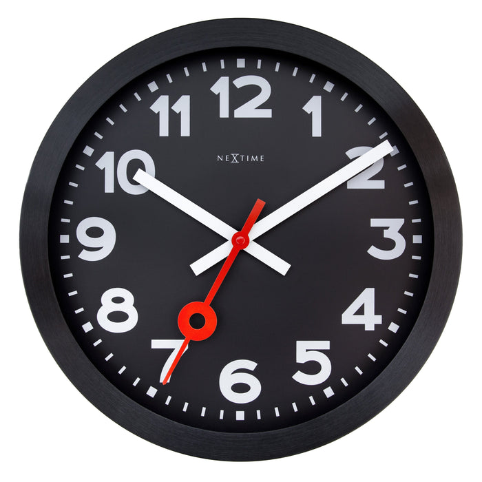 nextime Wandklok 35cm - Stil - Zwart - Geanodiseerd Aluminium - NeXtime 'Station All Black'