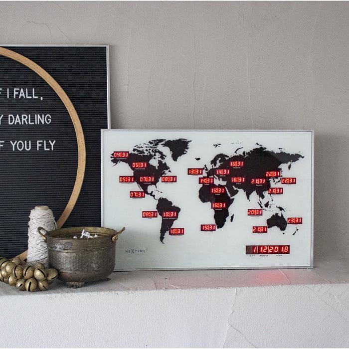 Nextime Wandklok - 55 X 36 X 4 Cm - Glas - Aluminium - Wereldtijdklok - 'World Time Digit'