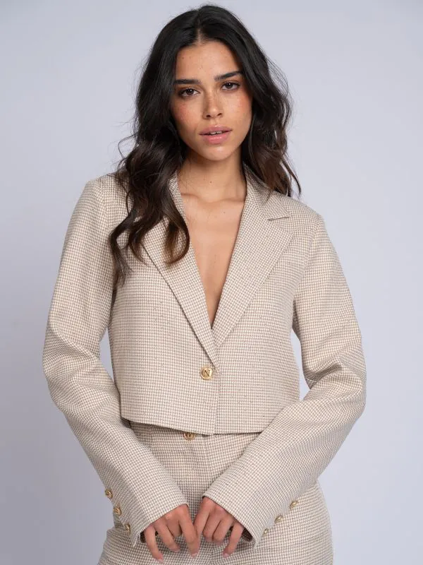 nikkie Korte blazer met pied-de-poule patroon en strass steentjes