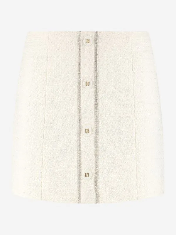 nikkie Korte tweed rok met N-knopen en glimmende biezen