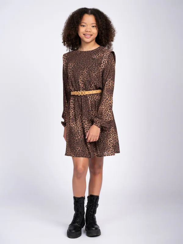 nikkie A-lijn jurk met panterprint en ballonmouwen