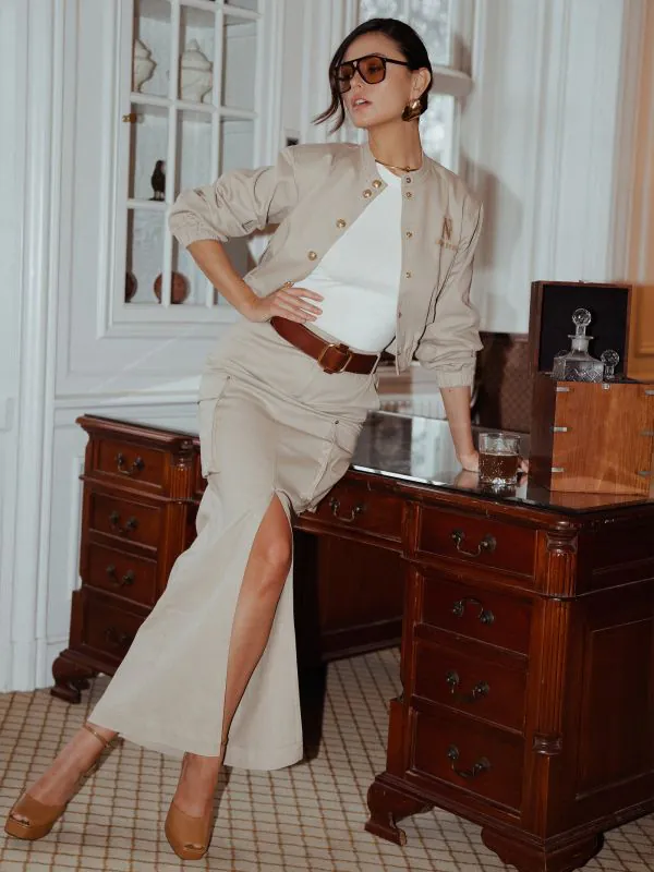 nikkie Lange denim rok met split en klepzakken