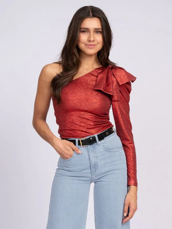 nikkie One shoulder top met strik op schouder