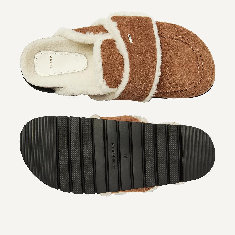 Nubikk Teddy Fur Cognac Suede Slippers Voor Dames