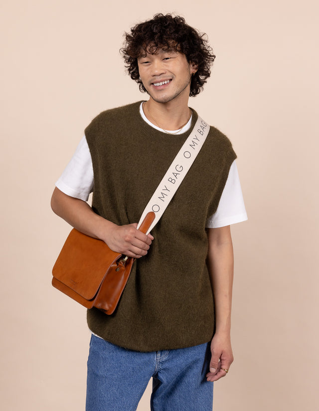 O My Bag Canvas Logo Strap - Wit / Cognac Klassiek Leer