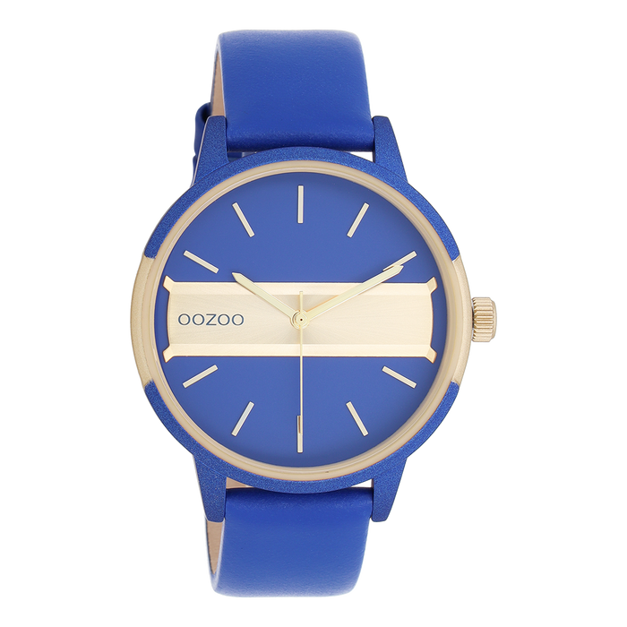 oozoo Blauw/goudkleurige OOZOO horloge met blauwe leren band - C11154