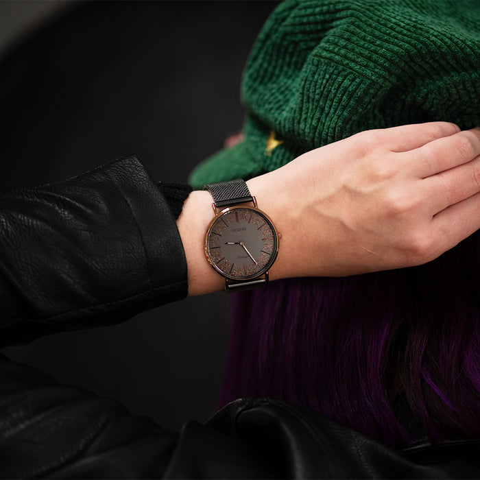 oozoo Bruine OOZOO horloge met titanium metalen mesh armband - C20139