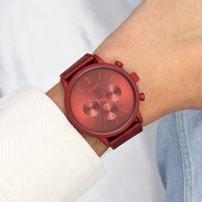 Oozoo Dahlia Rood OOZOO Horloge Met Leren Band - C11207