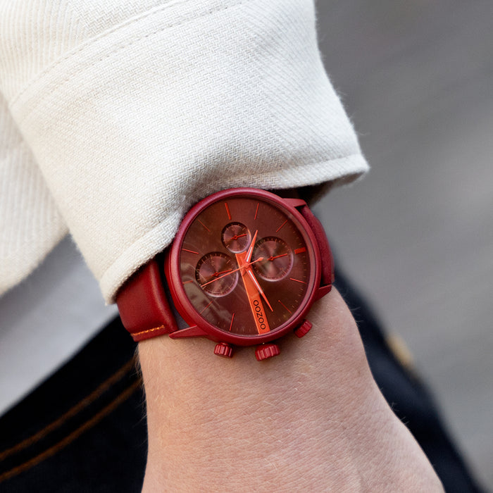 Oozoo Dahlia Rood OOZOO Horloge Met Leren Band - C11226