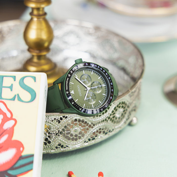 Oozoo Donker Groene OOZOO Horloge Met Groene Leren Band - C11111