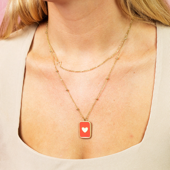 Oozoo Goudkleurig/rode Ketting Met Een Hart Plaatje