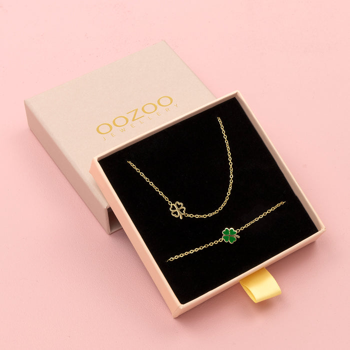 oozoo Goudkleurige armband + ketting set met een groene klaver