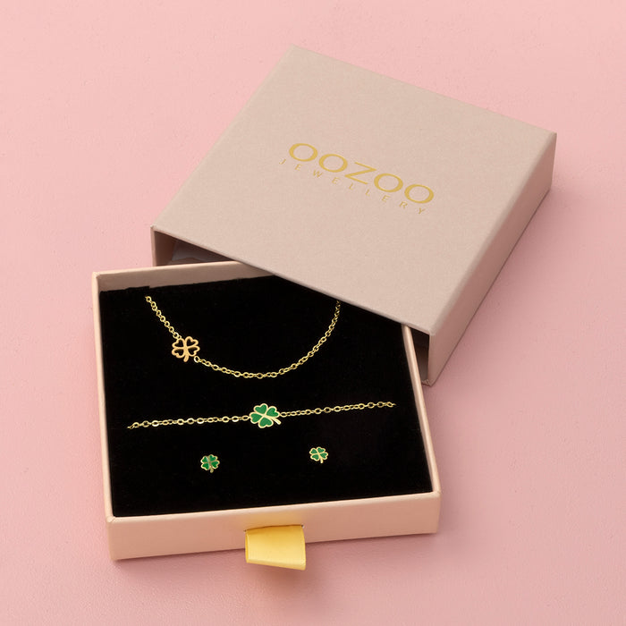 oozoo Goudkleurige armband + oorbellen + ketting set met een klaver